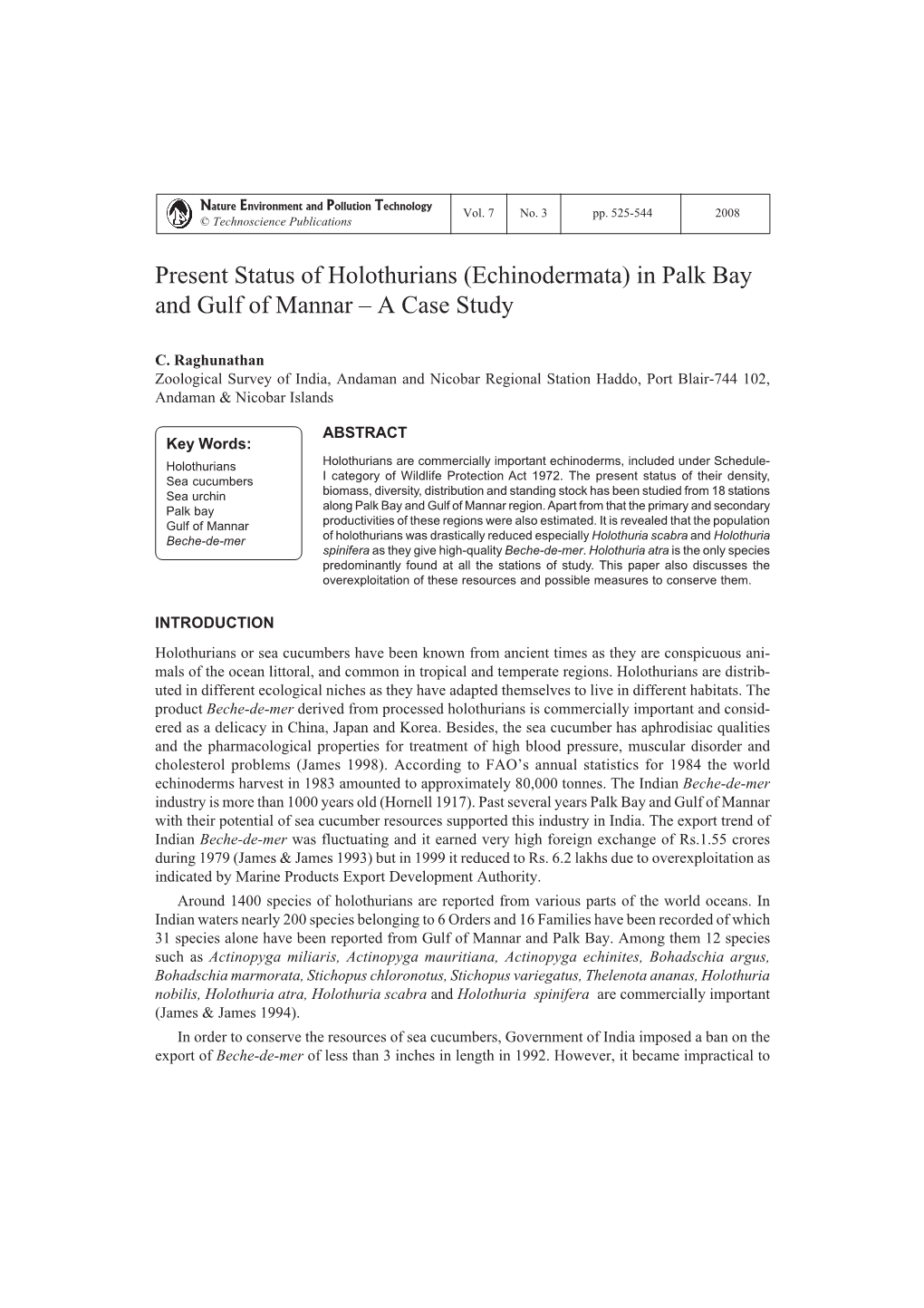 Present Status of Holothurians (Echinodermata) in Palk Bay and Gulf of Mannar – a Case Study