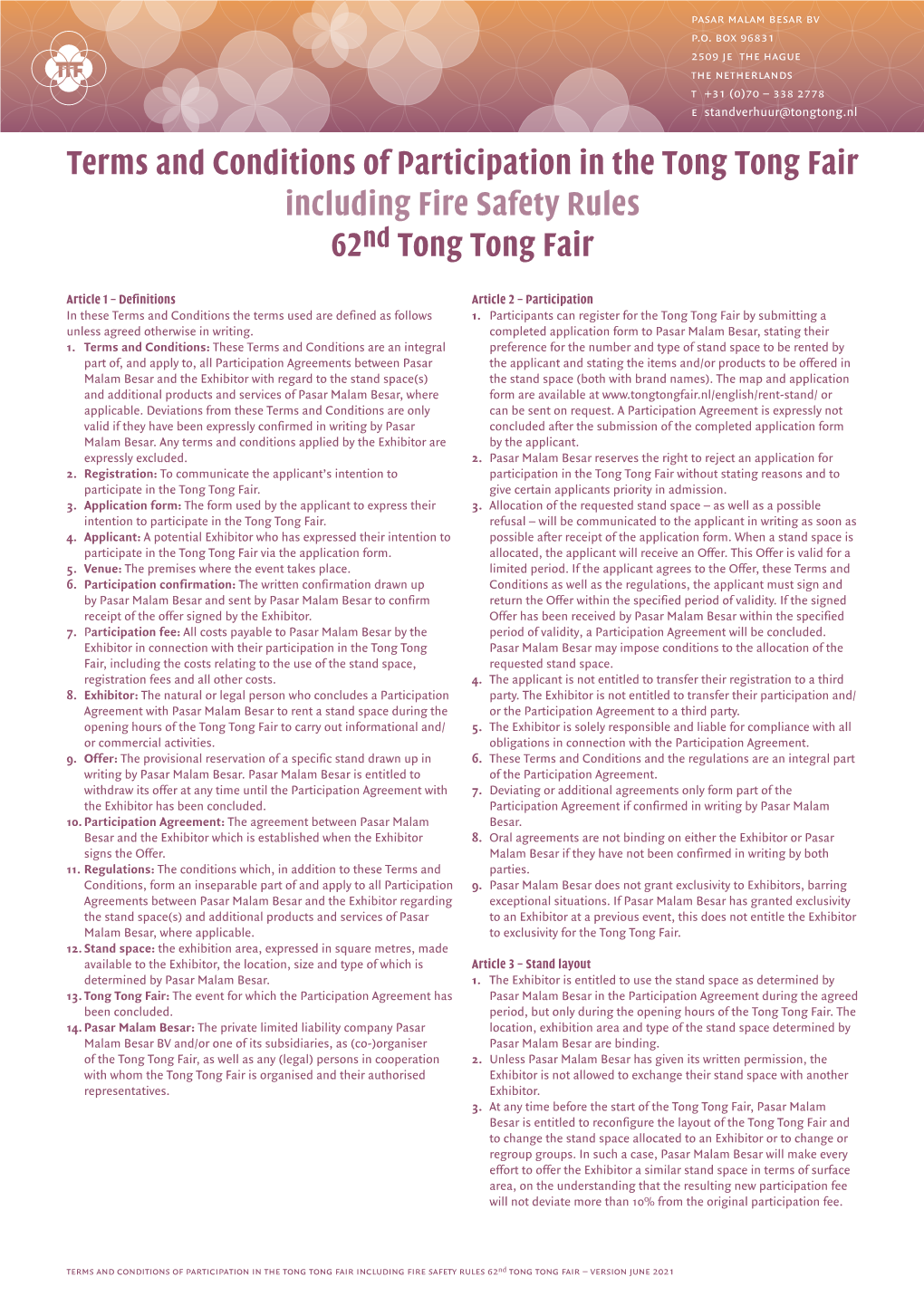 Terms and Conditions of Participation in the Tong Tong Fair Including Fire Safety Rules 62Nd Tong Tong Fair