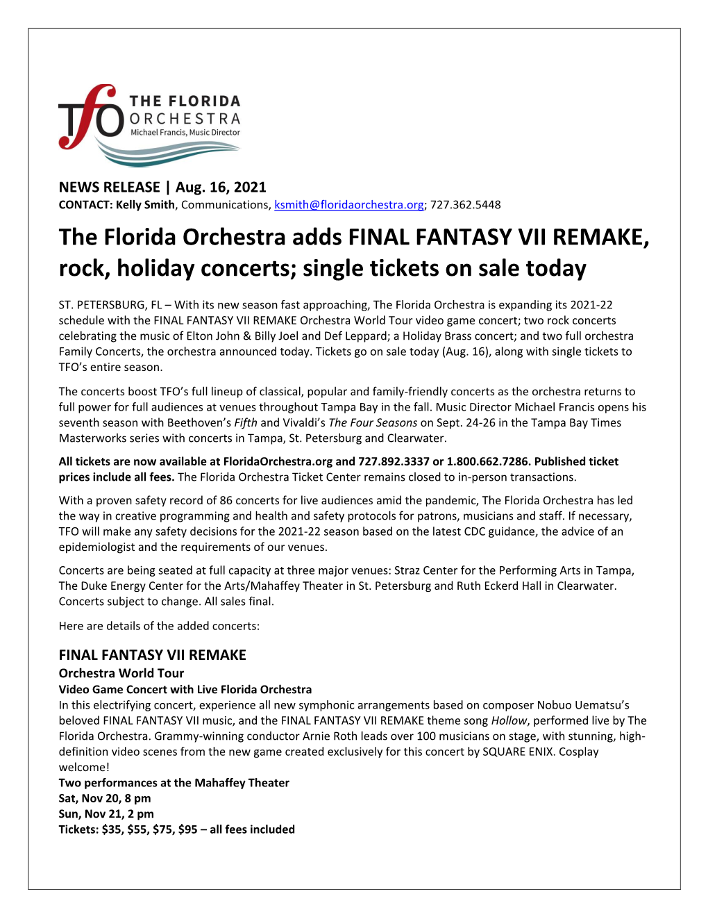 The Florida Orchestra Adds FINAL FANTASY VII REMAKE, Rock, Holiday Concerts; Single Tickets on Sale Today