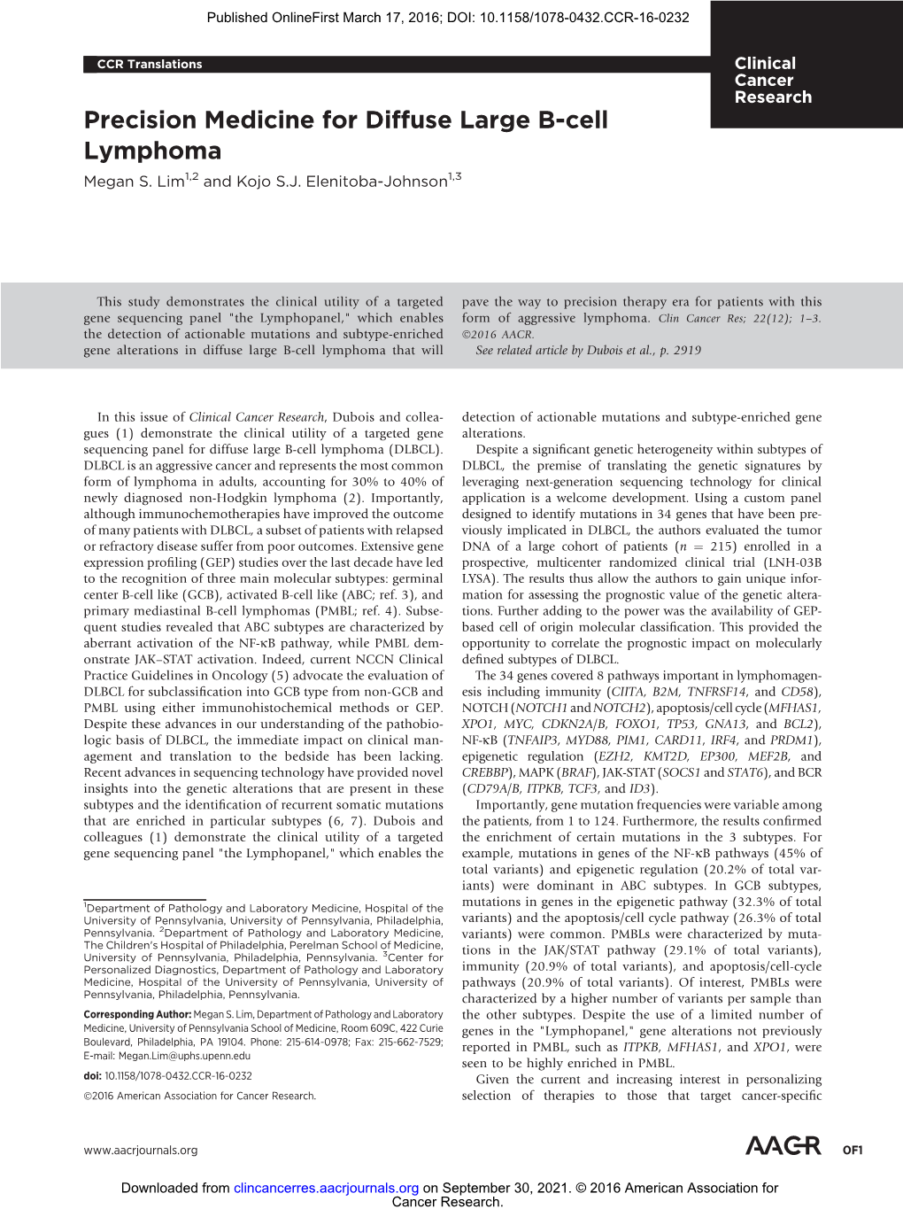 Precision Medicine for Diffuse Large B-Cell Lymphoma Megan S