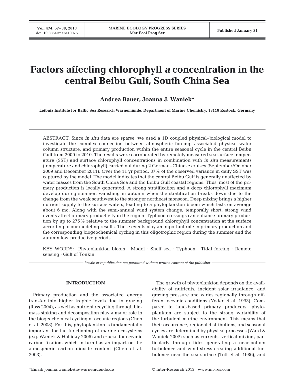 Factors Affecting Chlorophyll a Concentration in the Central Beibu Gulf, South China Sea