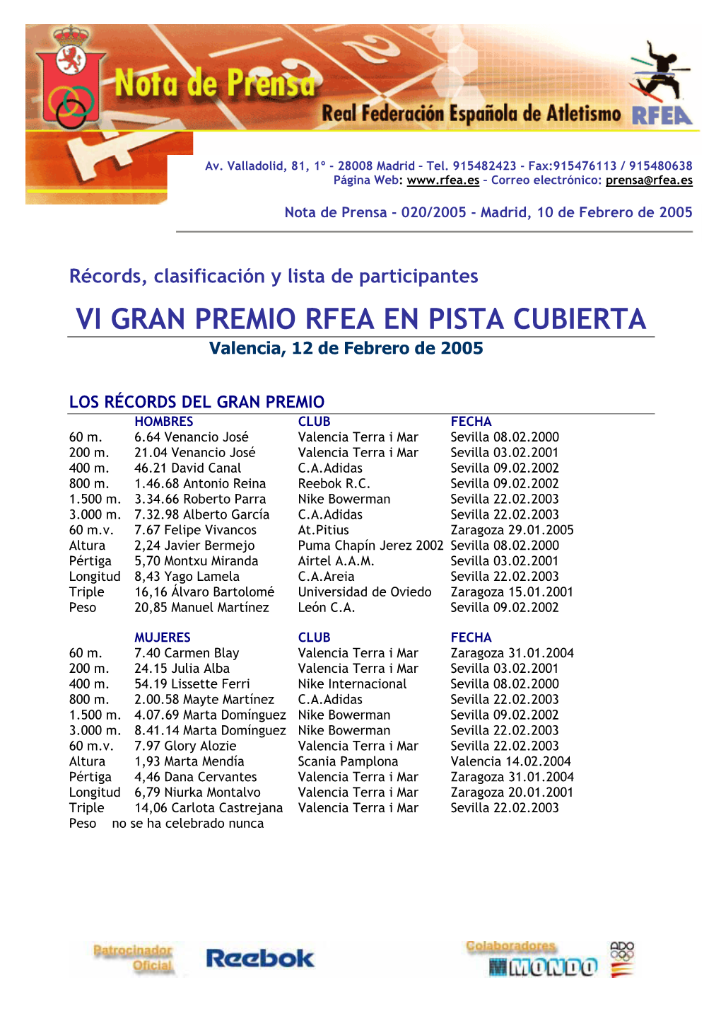 VI GRAN PREMIO RFEA EN PISTA CUBIERTA Valencia, 12 De Febrero De 2005