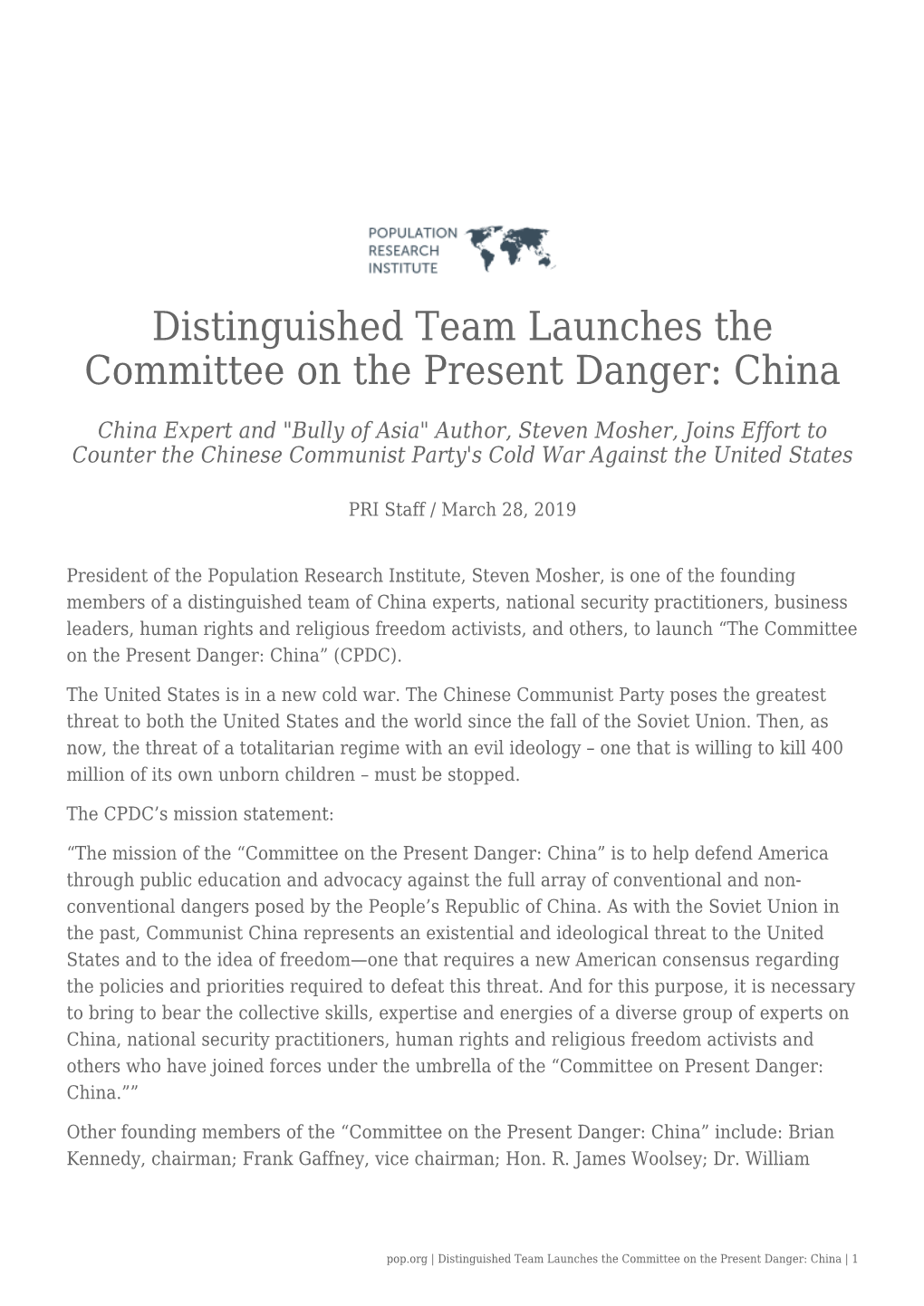 Distinguished Team Launches the Committee on the Present Danger: China