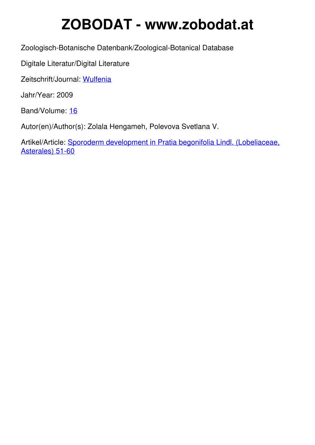 Sporoderm Development in Pratia Begonifolia Lindl