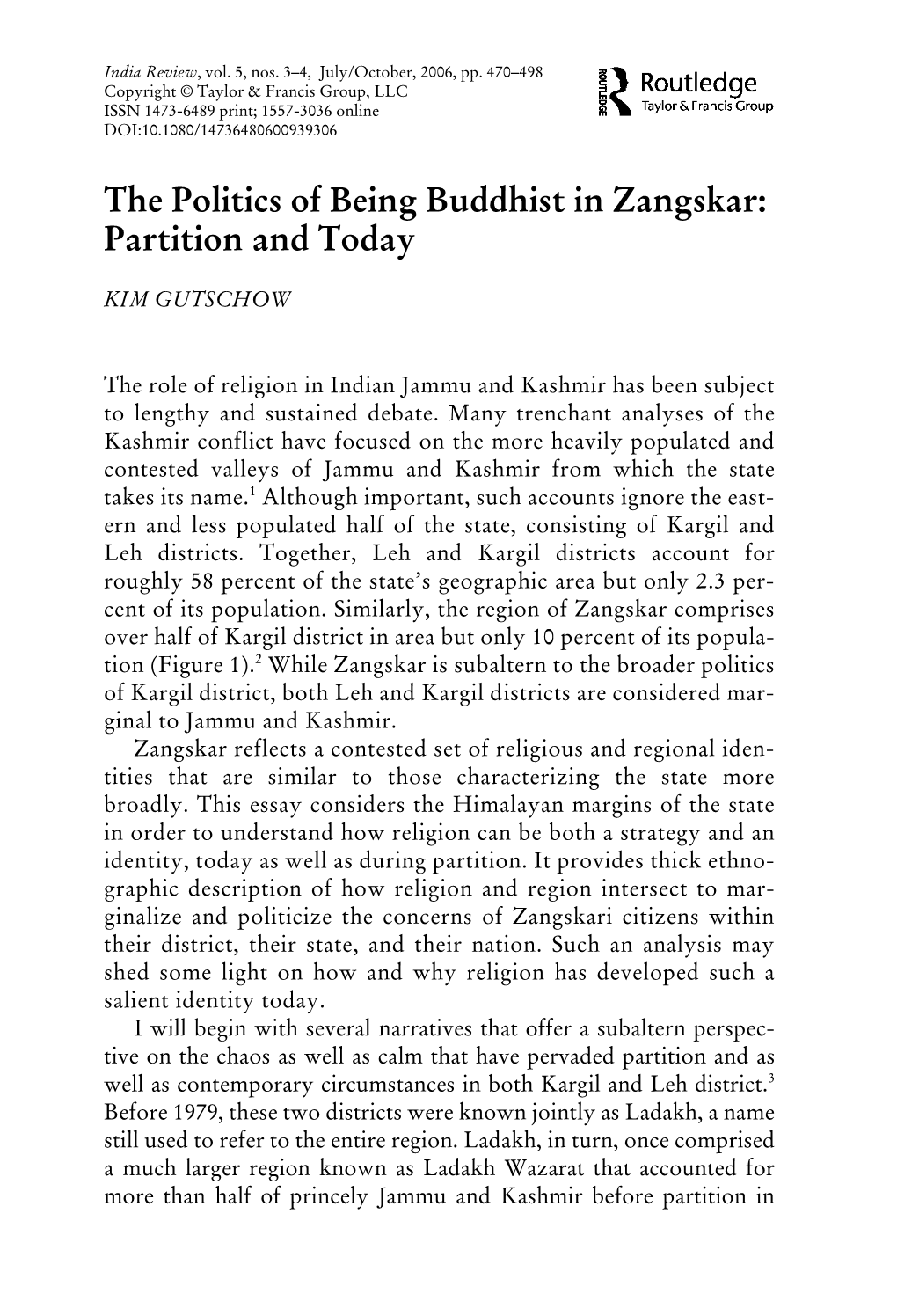 The Politics of Being Buddhist in Zangskar: Partition and Today