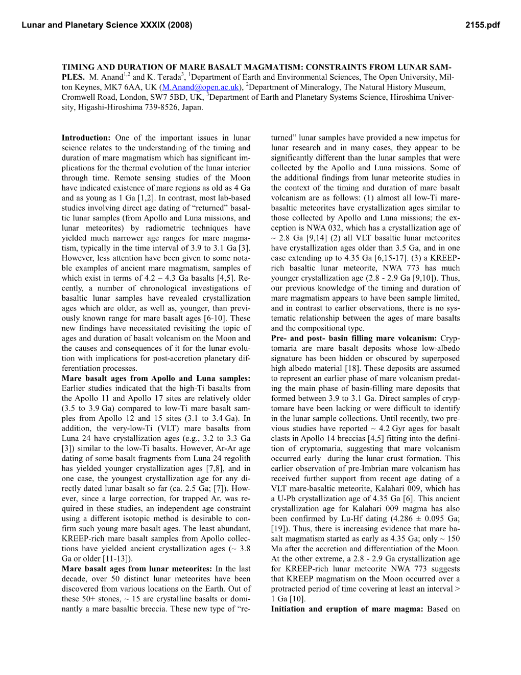 Timing and Duration of Mare Basalt Magmatism: Constraints from Lunar Sam- Ples