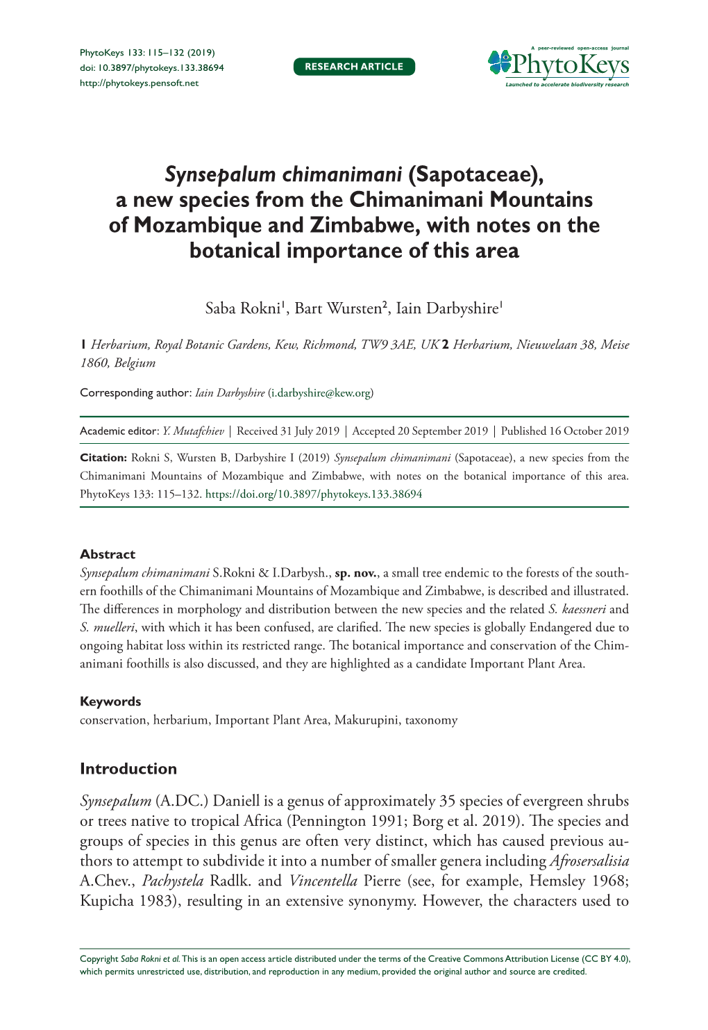 Synsepalum Chimanimani (Sapotaceae), a New Species from the Chimanimani Mountains of Mozambique and Zimbabwe, with Notes on the Botanical Importance of This Area