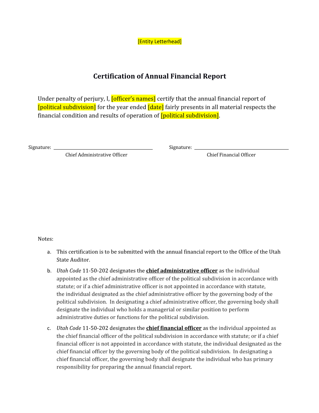Certification of Annual Financial Report
