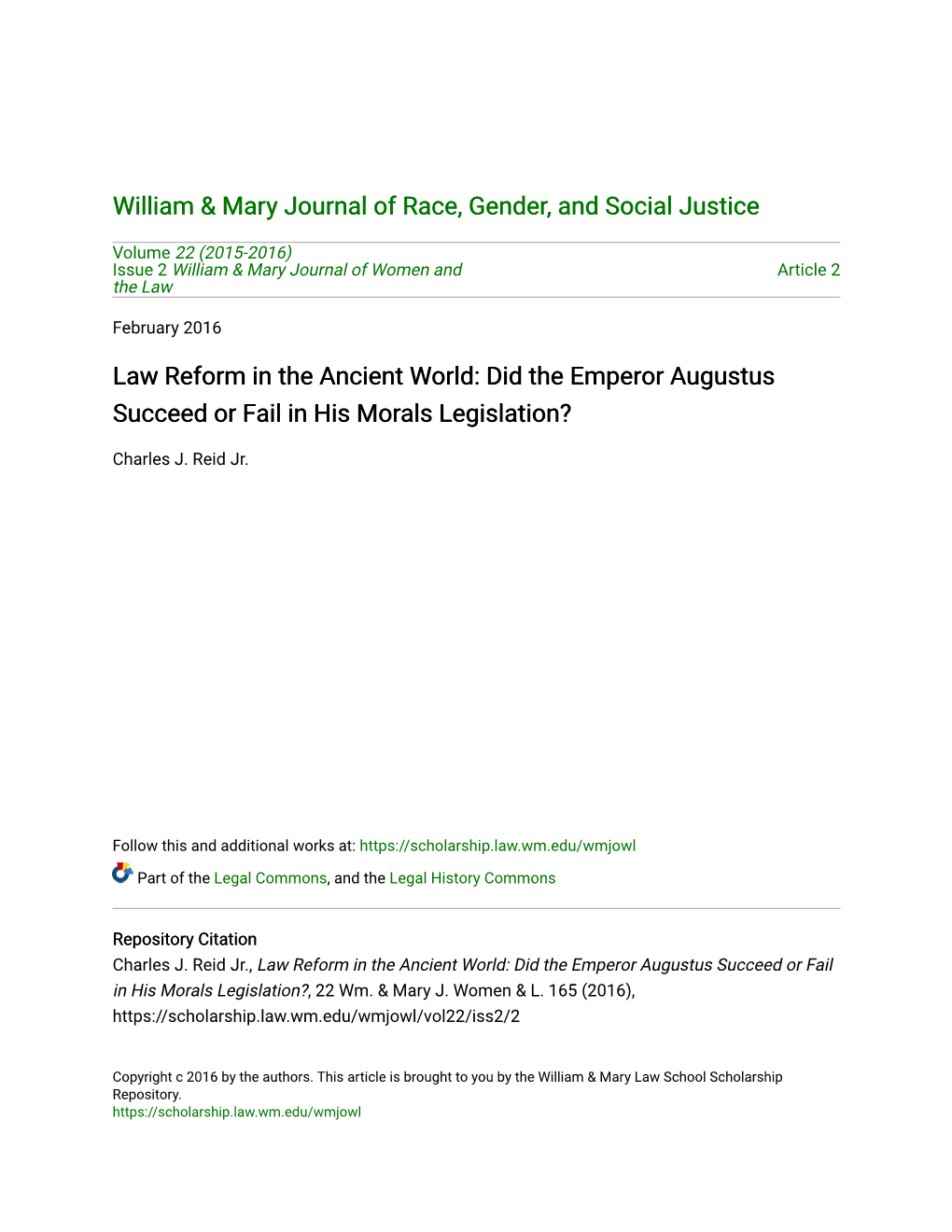 Law Reform in the Ancient World: Did the Emperor Augustus Succeed Or Fail in His Morals Legislation?