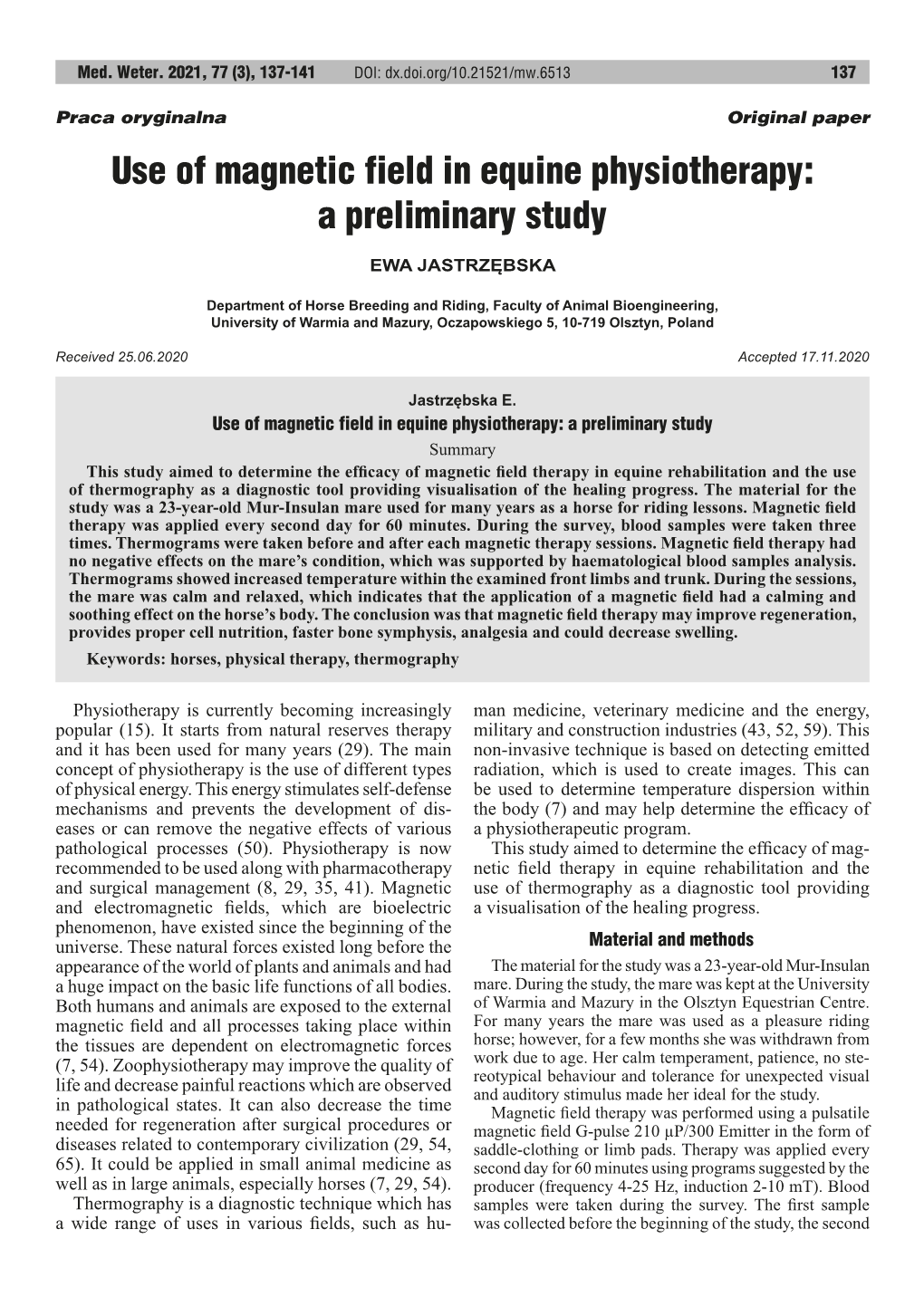 Use of Magnetic Field in Equine Physiotherapy: a Preliminary Study