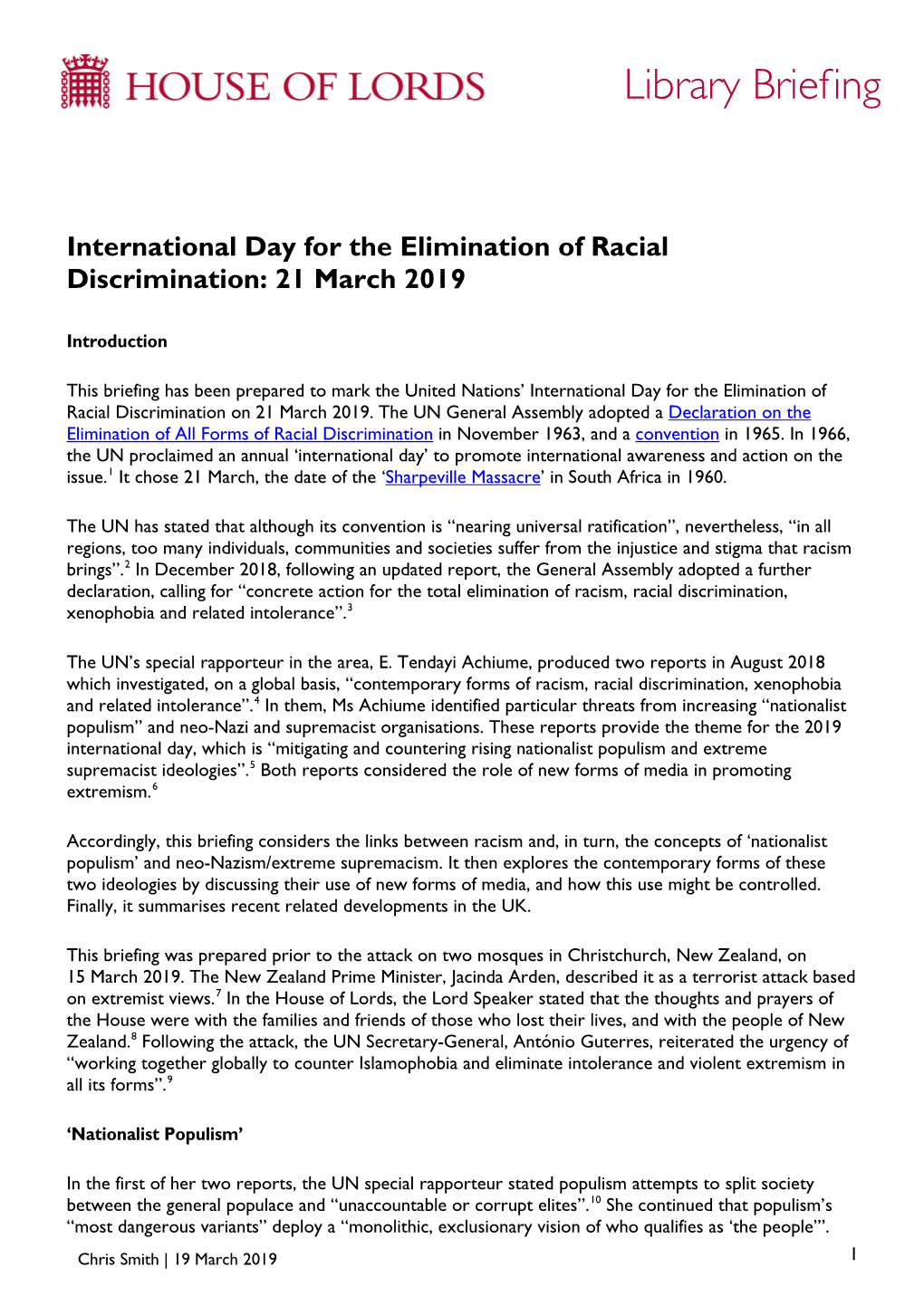 International Day for the Elimination of Racial Discrimination: 21 March 2019