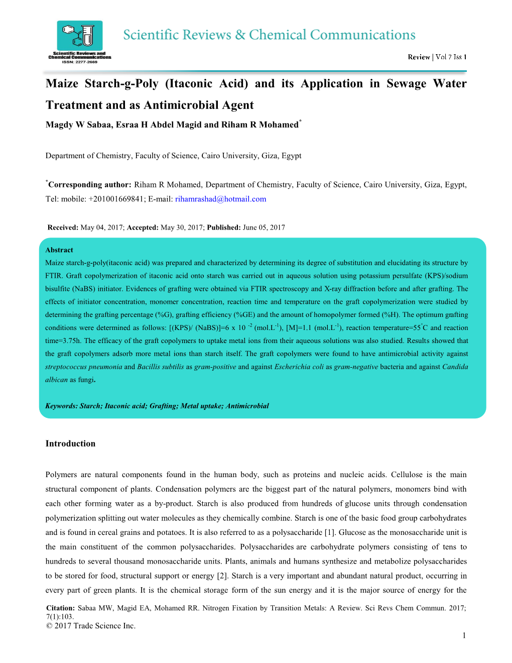 Maize Starch-G-Poly (Itaconic Acid) and Its Application in Sewage Water
