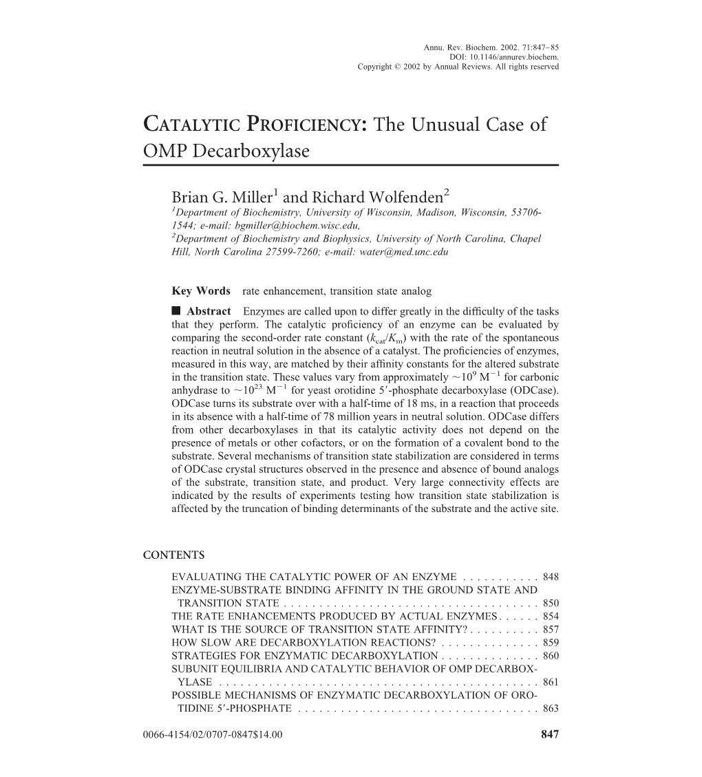 CATALYTIC PROFICIENCY: the Unusual Case of OMP Decarboxylase