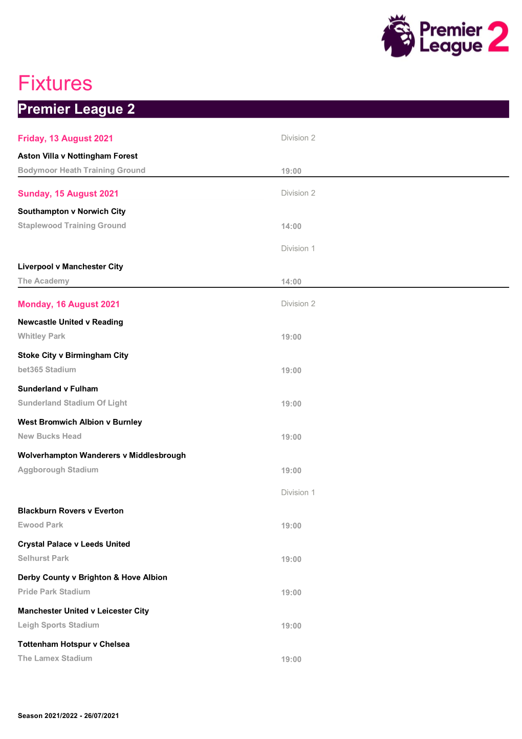 Fixtures Premier League 2