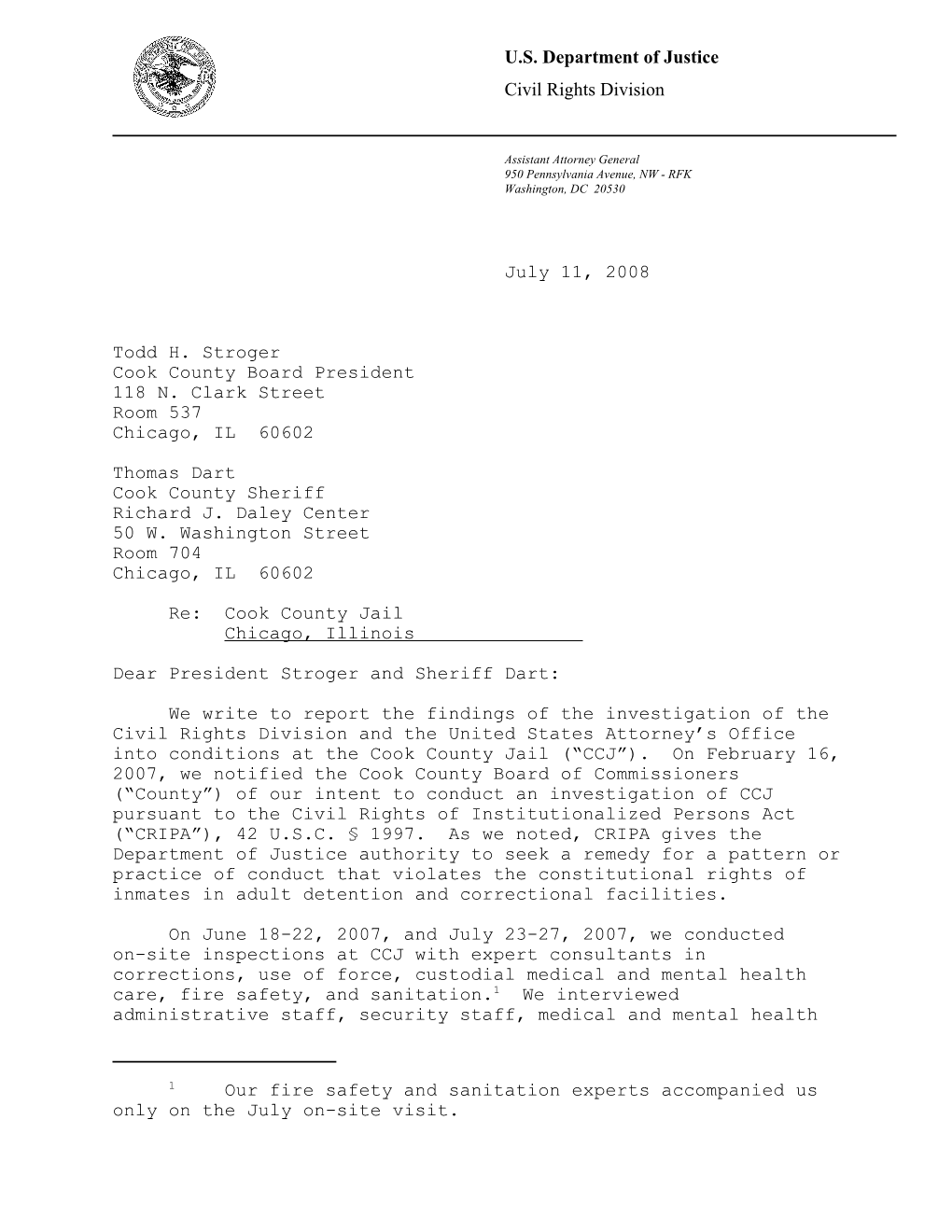 Cook County Jail Findings Letter