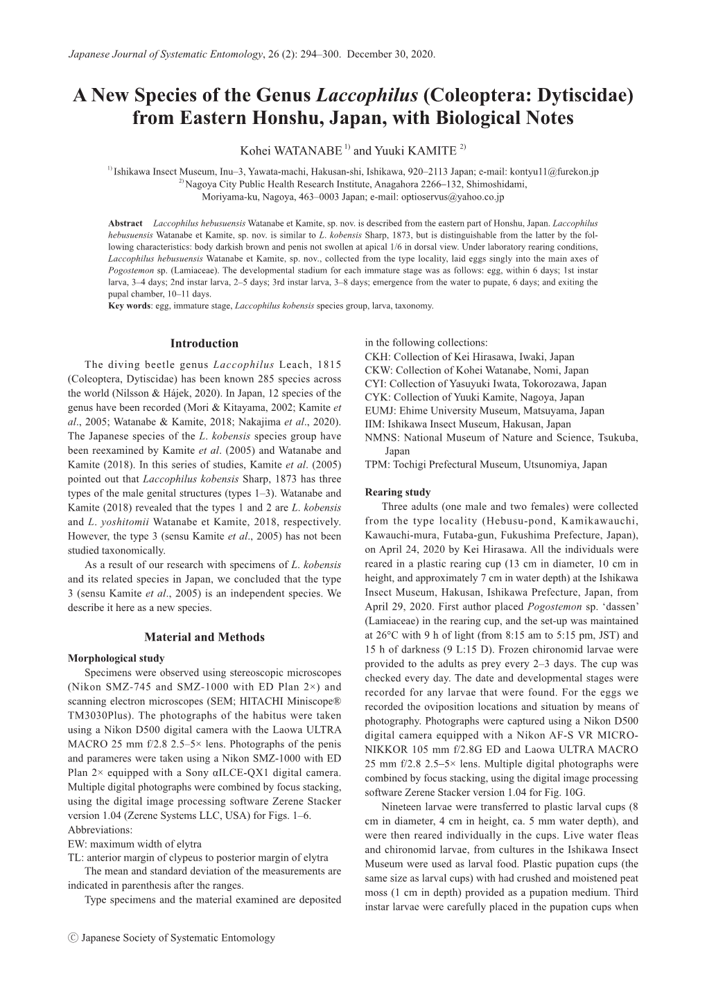 A New Species of the Genus Laccophilus (Coleoptera: Dytiscidae) from Eastern Honshu, Japan, with Biological Notes