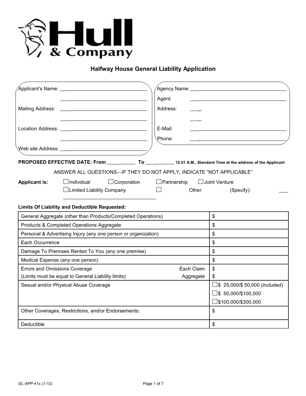 Halfway House General Liability Application