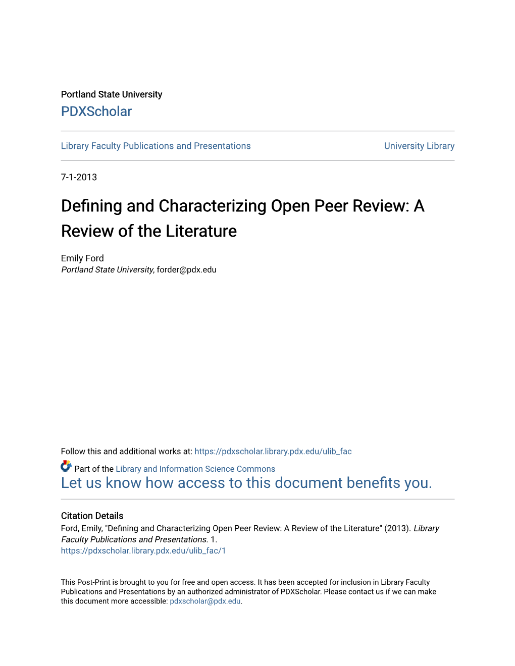 Defining and Characterizing Open Peer Review: a Review of the Literature