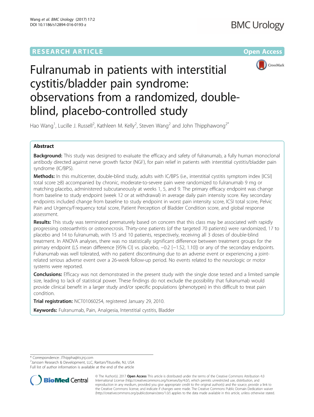 Fulranumab in Patients with Interstitial Cystitis/Bladder Pain Syndrome: Observations from a Randomized, Double- Blind, Placebo-Controlled Study Hao Wang1, Lucille J