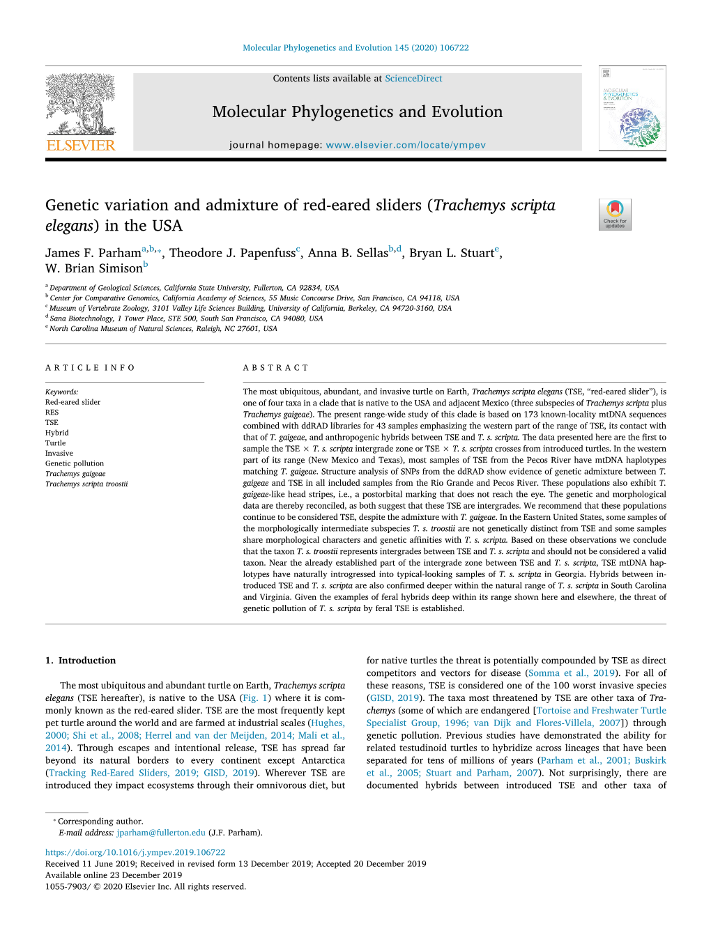 Genetic Variation and Admixture of Red-Eared Sliders (Trachemys Scripta Elegans) in The