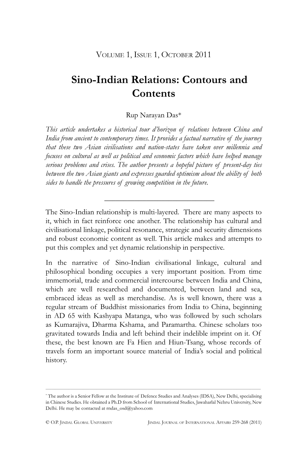 Sino-Indian Relations: Contours and Contents