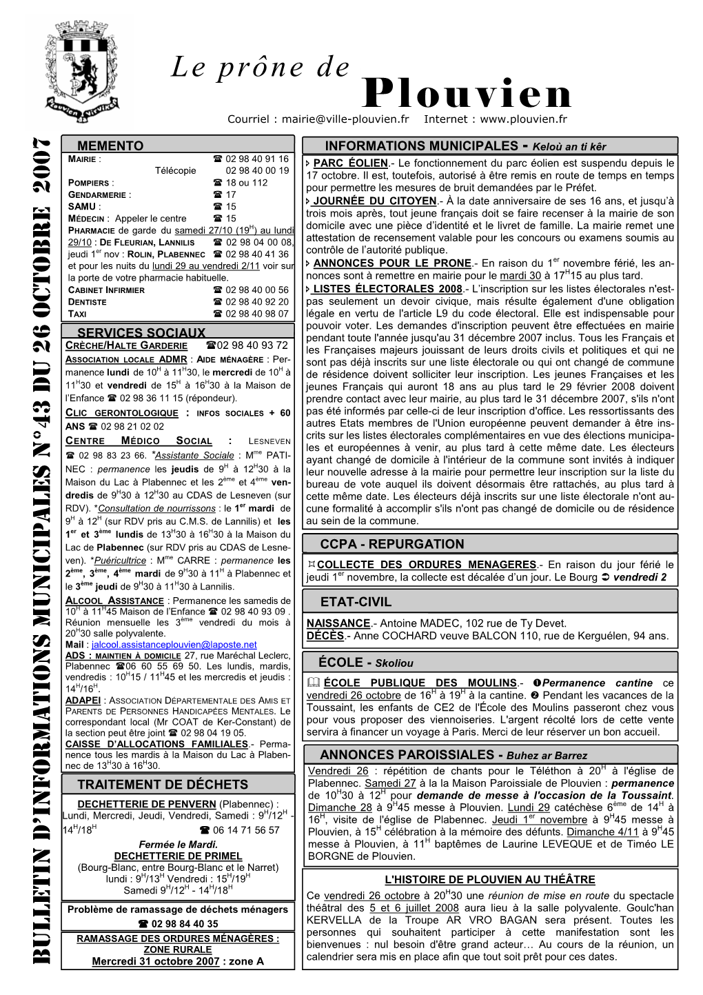 Plouvien@Laposte.Net Mercredi 31 Octobre Octobre 200731 Mercredi H Jeudi H De 9De Puéricultrice GERONTOLOGIQUE Ème MAINTIEN : Er : Plabennec