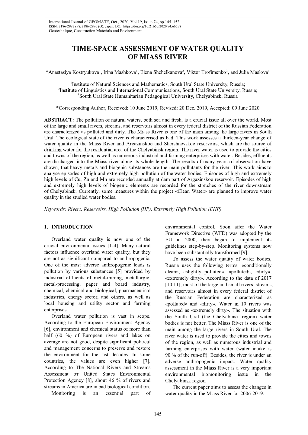 Time-Space Assessment of Water Quality of Miass River