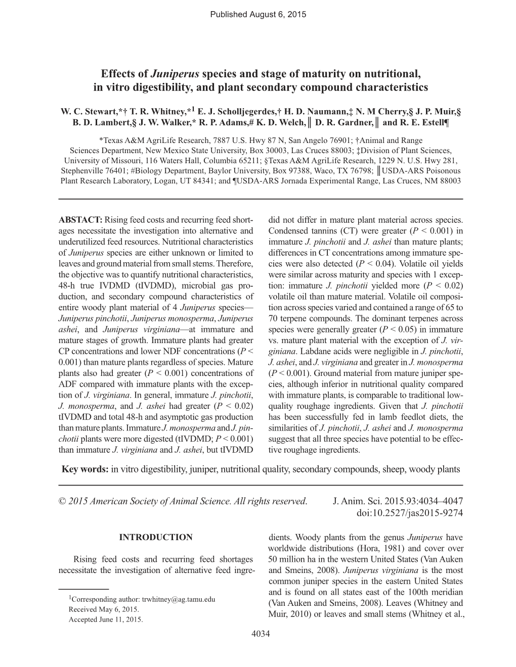 Effects of Juniperus Species and Stage of Maturity on Nutritional, in Vitro Digestibility, and Plant Secondary Compound Characteristics