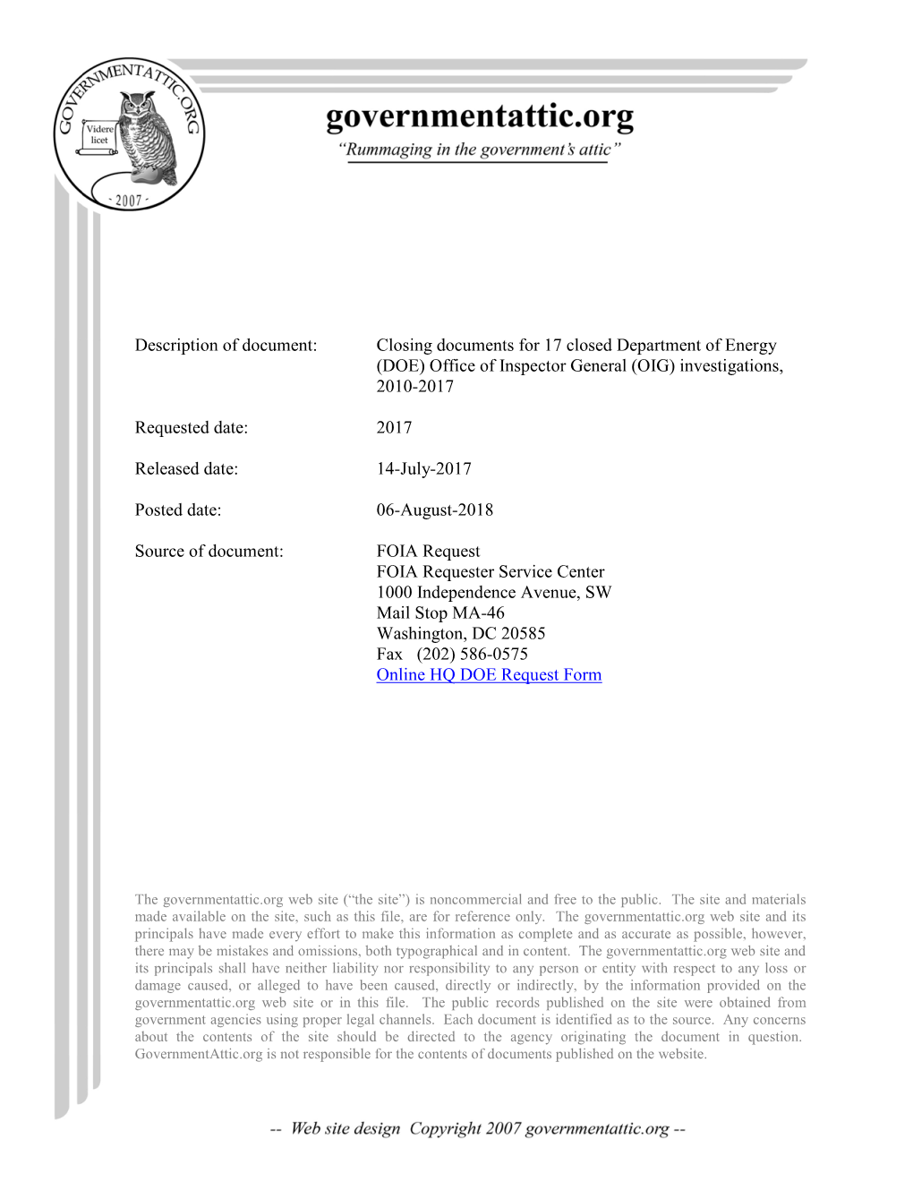 Closing Documents for 17 Closed Department of Energy (DOE) Office of Inspector General (OIG) Investigations, 2010-2017