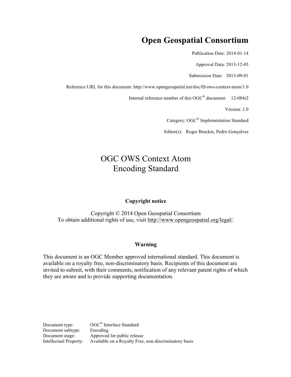 Open Geospatial Consortium OGC OWS Context Atom Encoding