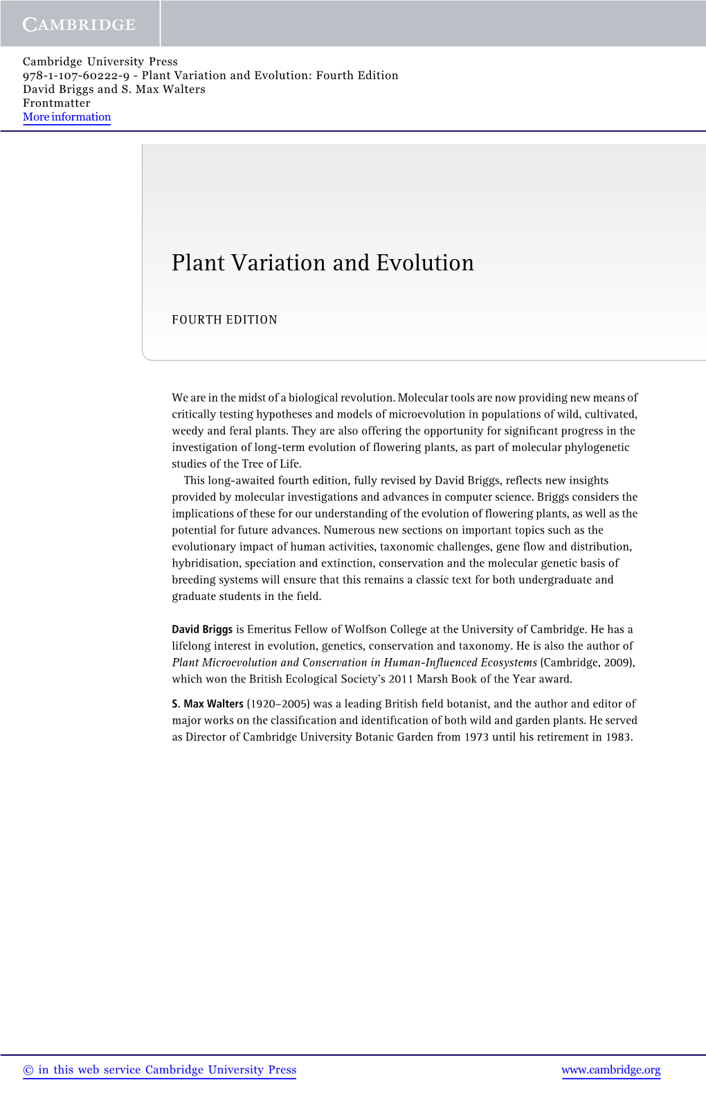 Plant Variation and Evolution: Fourth Edition David Briggs and S