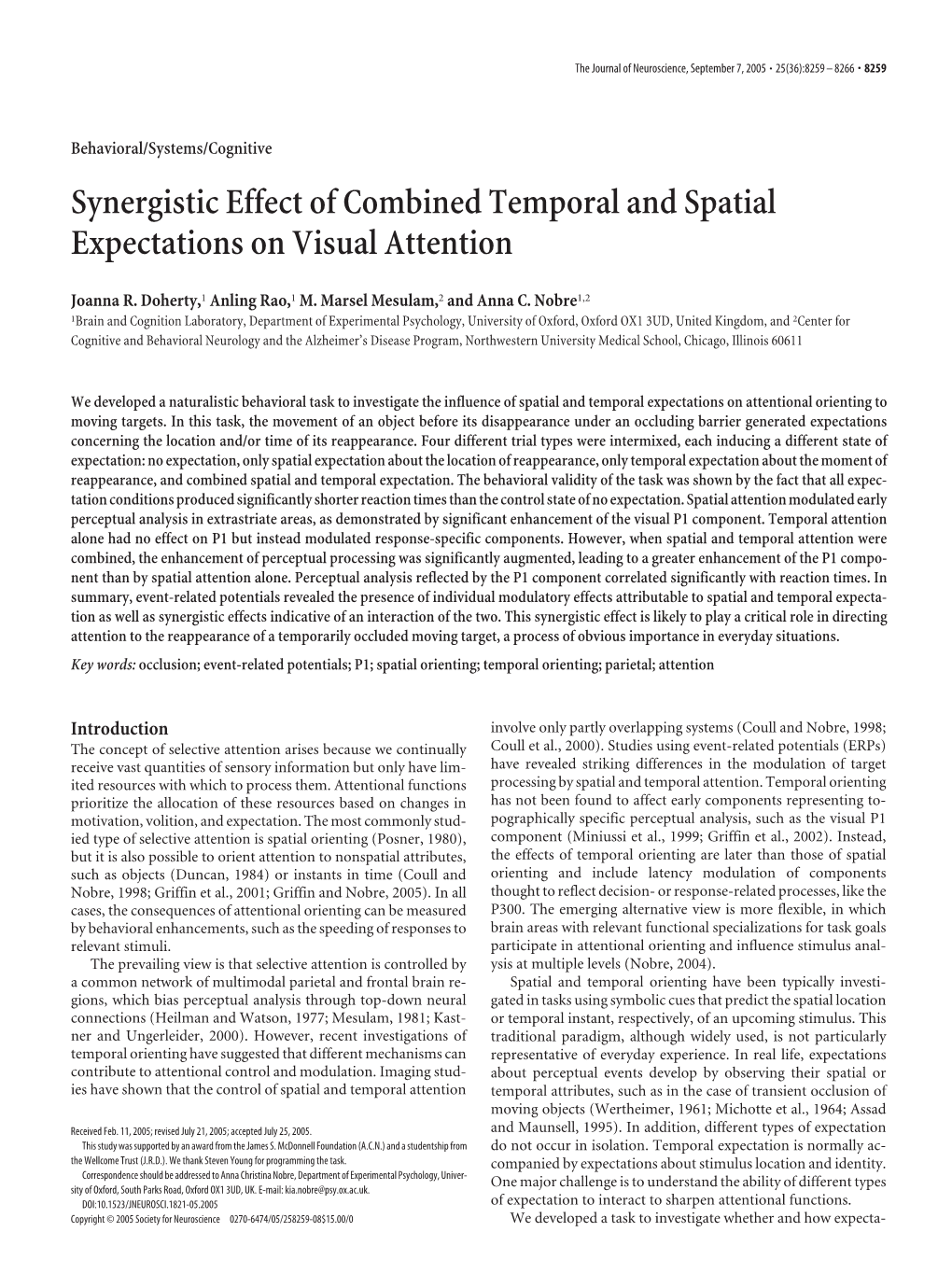 Synergistic Effect of Combined Temporal and Spatial Expectations on Visual Attention