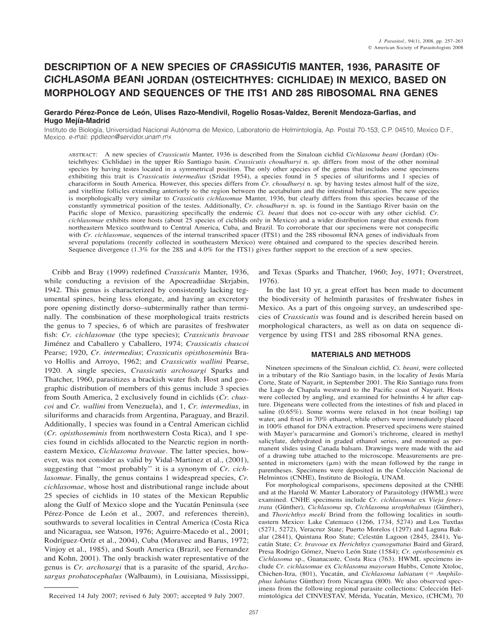 Description of a New Species of Crassicutis Manter, 1936, Parasite of Cichlasoma Beani Jordan (Osteichthyes: Cichlidae) in Mexic