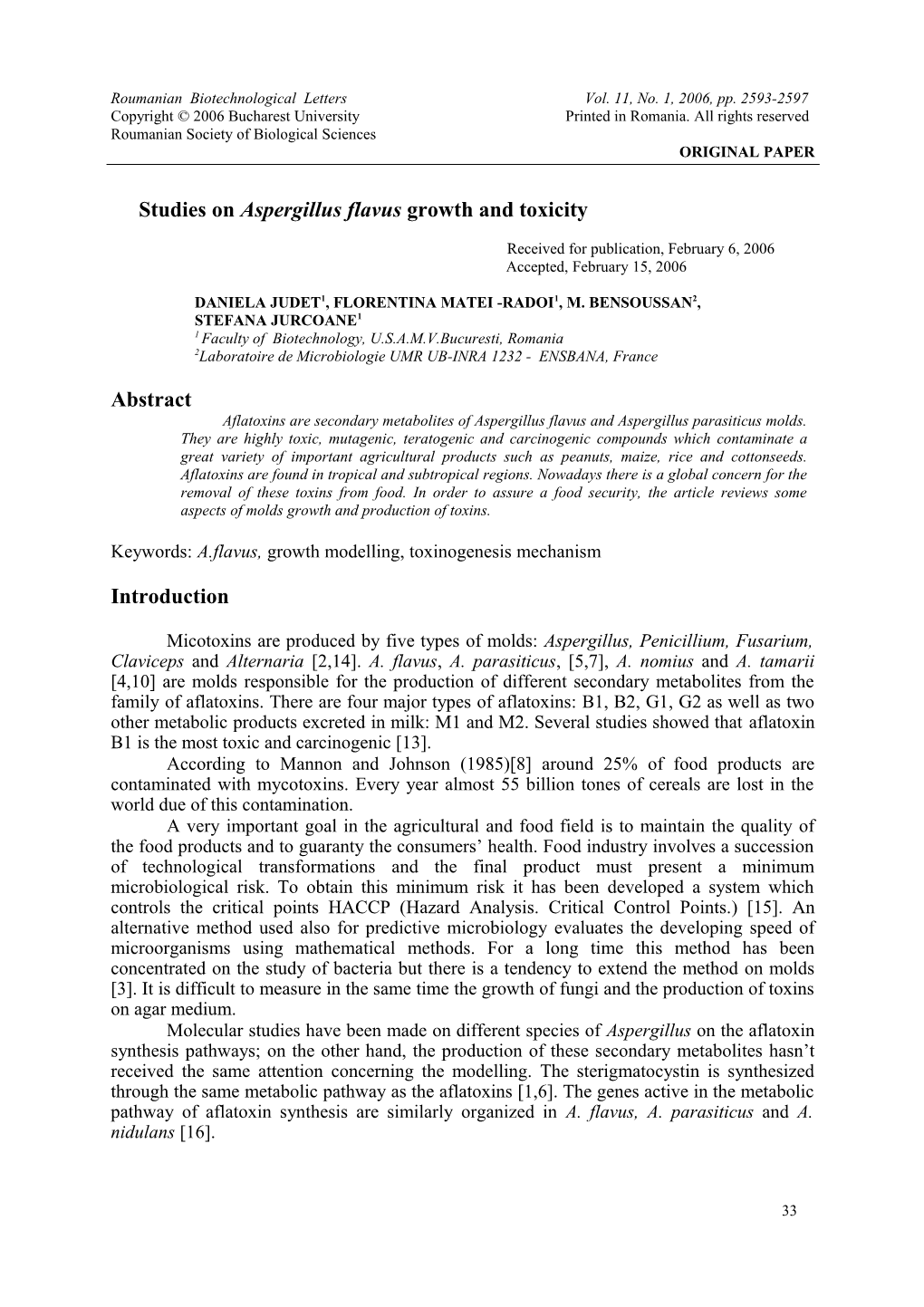 A Contribution on Growing and Toxicity Study of Aspergillus Flavus