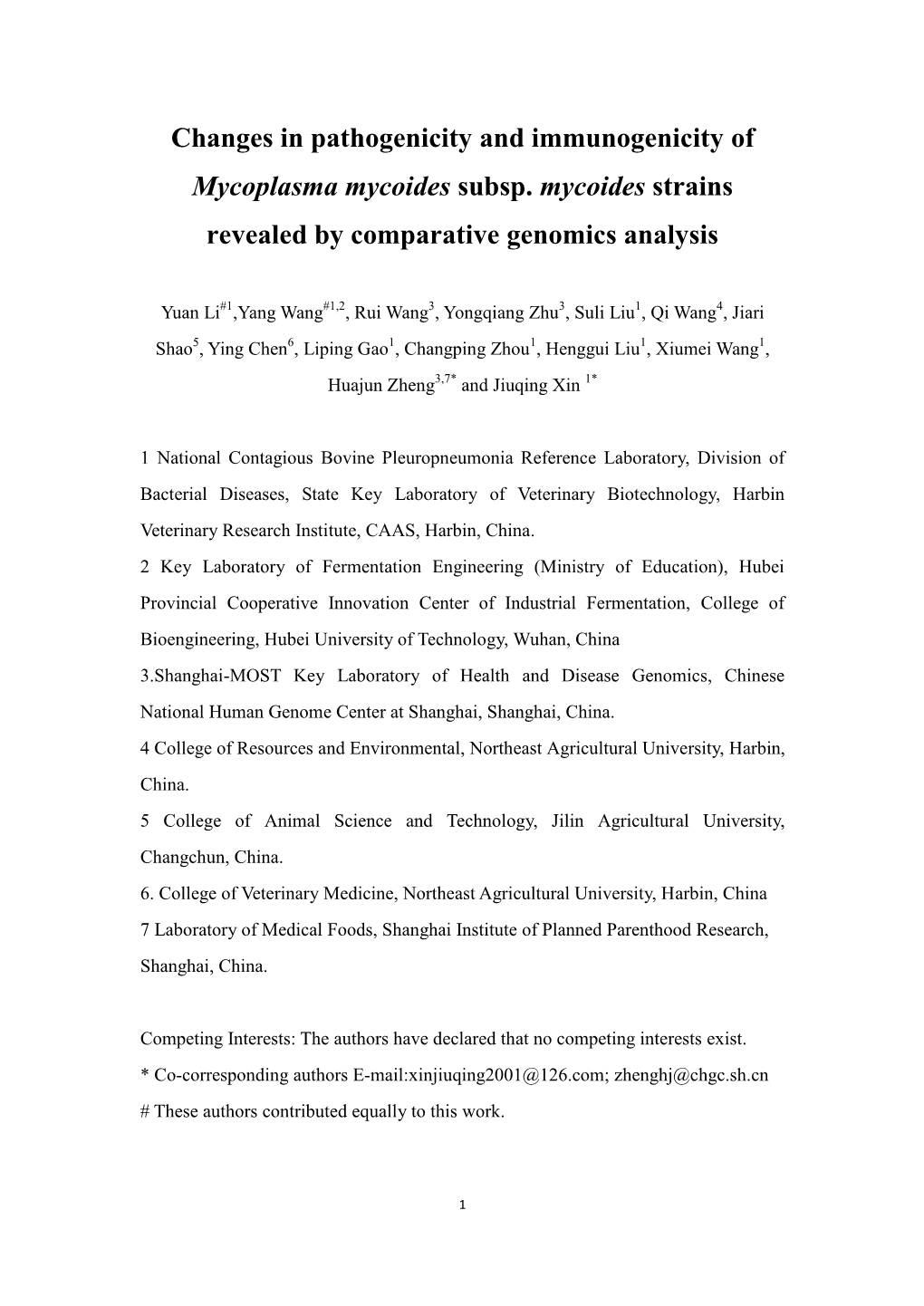 Changes in Pathogenicity and Immunogenicity of Mycoplasma Mycoides Subsp