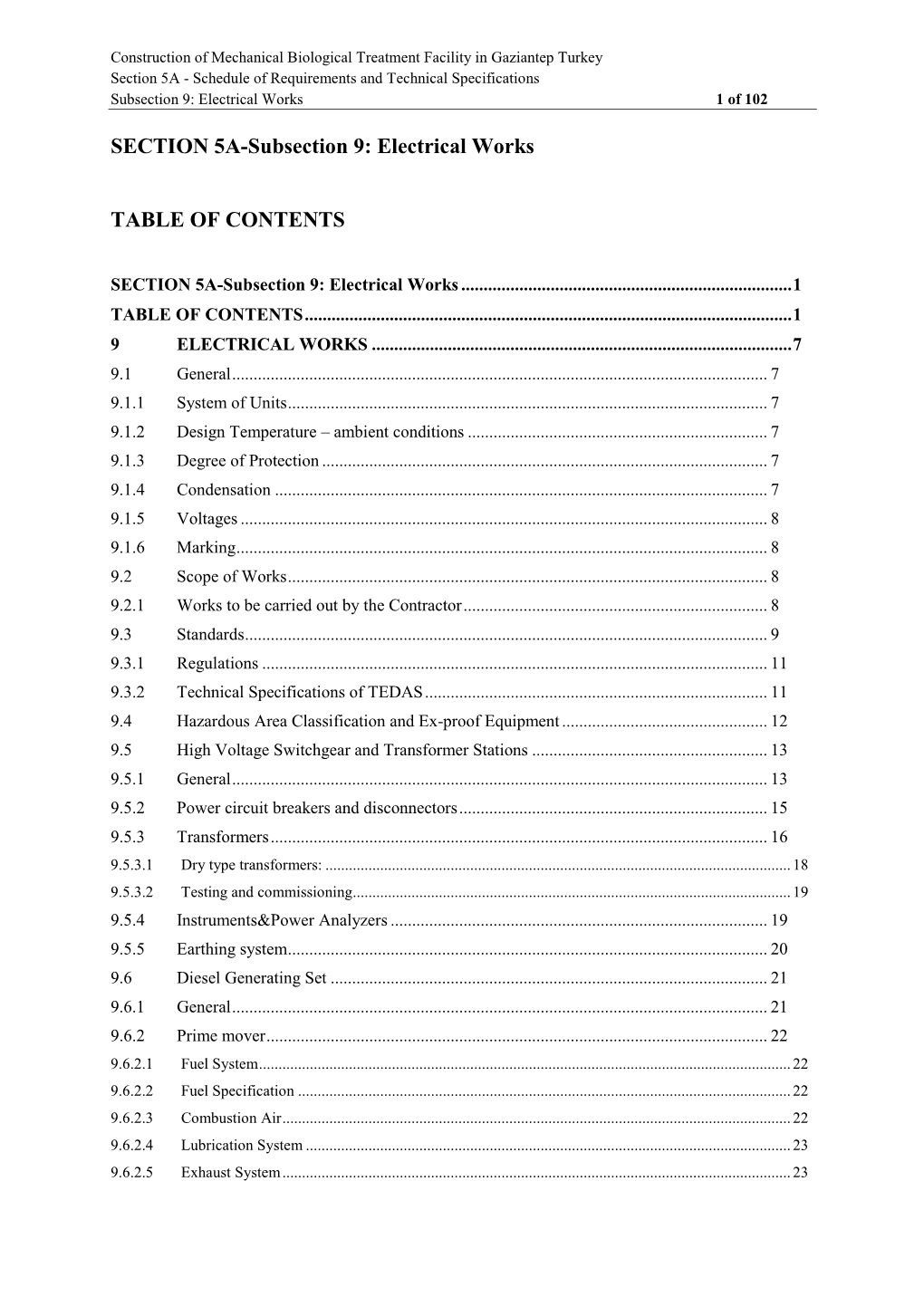 SECTION 5A-Subsection 9: Electrical Works TABLE of CONTENTS