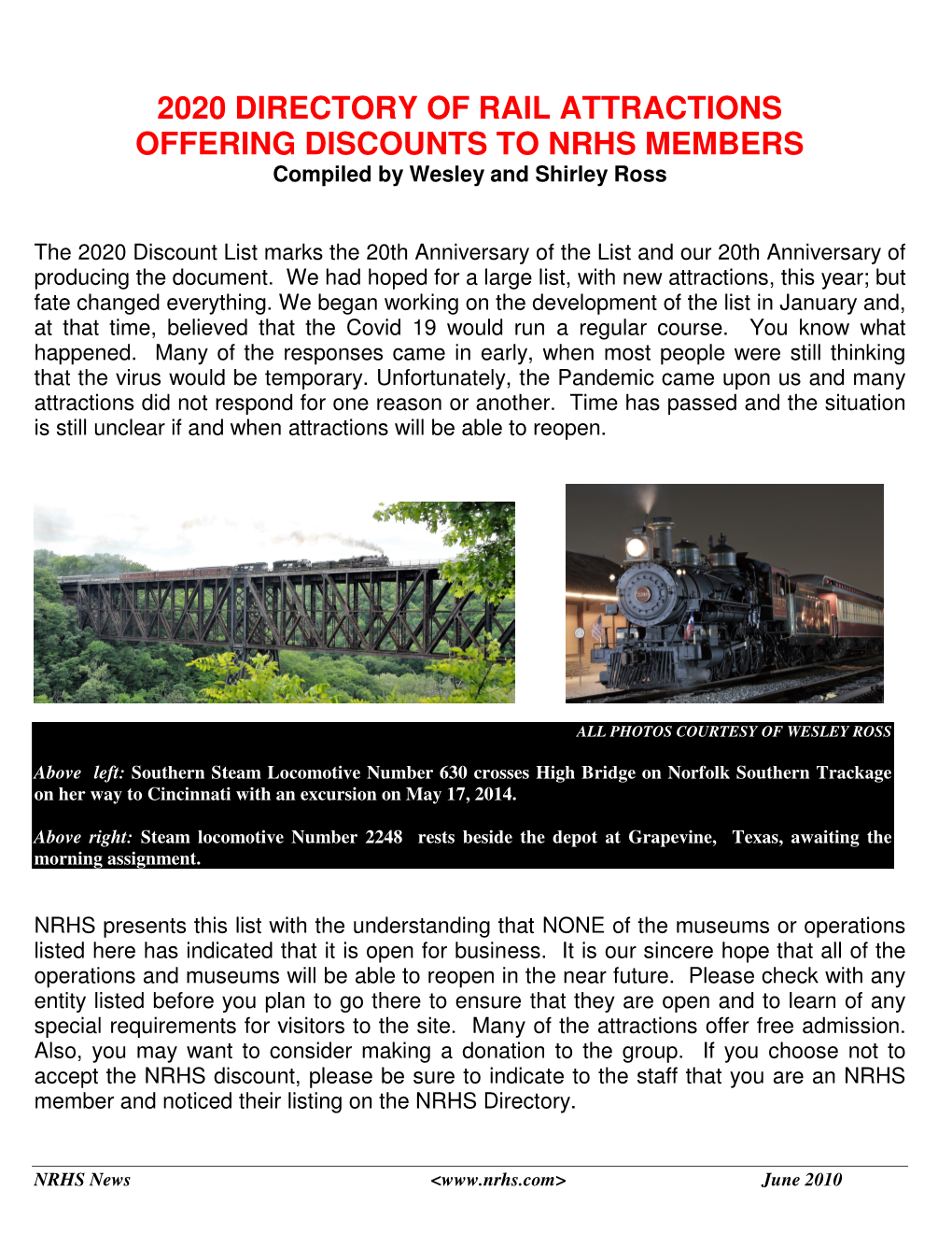 2020 DIRECTORY of RAIL ATTRACTIONS OFFERING DISCOUNTS to NRHS MEMBERS Compiled by Wesley and Shirley Ross