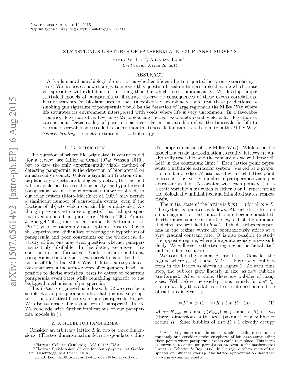 STATISTICAL SIGNATURES of PANSPERMIA in EXOPLANET SURVEYS Henry W