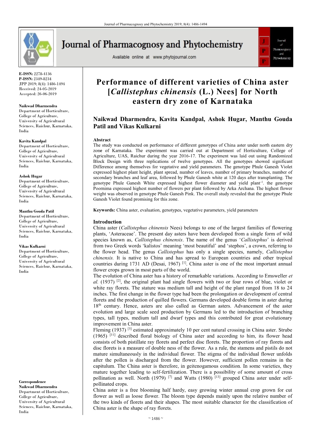 Performance of Different Varieties of China Aster [Callistephus Chinensis