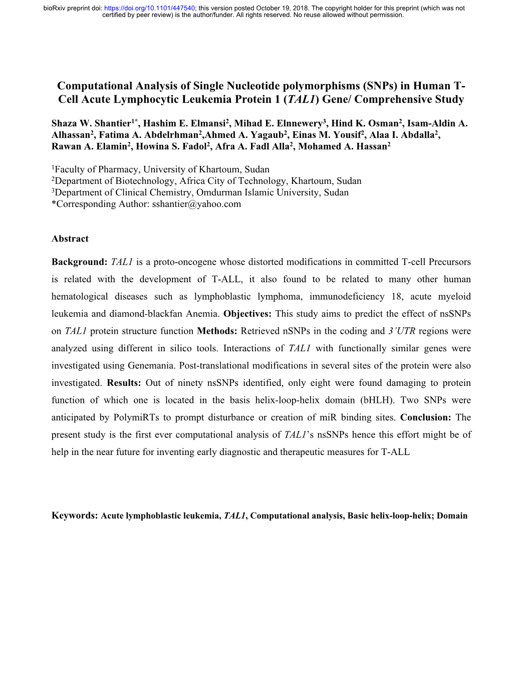 Snps) in Human T- Cell Acute Lymphocytic Leukemia Protein 1 (TAL1) Gene/ Comprehensive Study