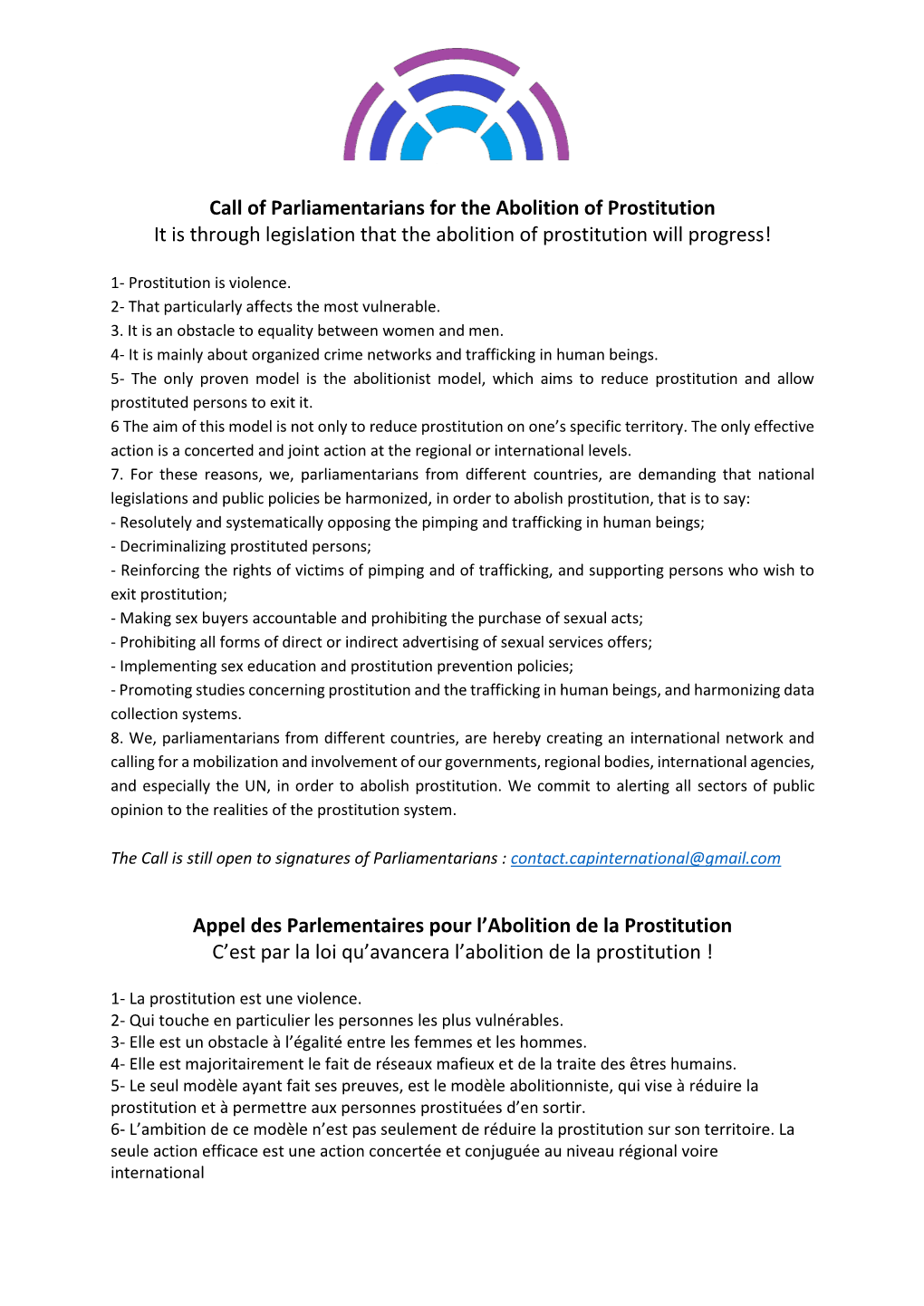 Call of Parliamentarians for the Abolition of Prostitution It Is Through Legislation That the Abolition of Prostitution Will Progress!