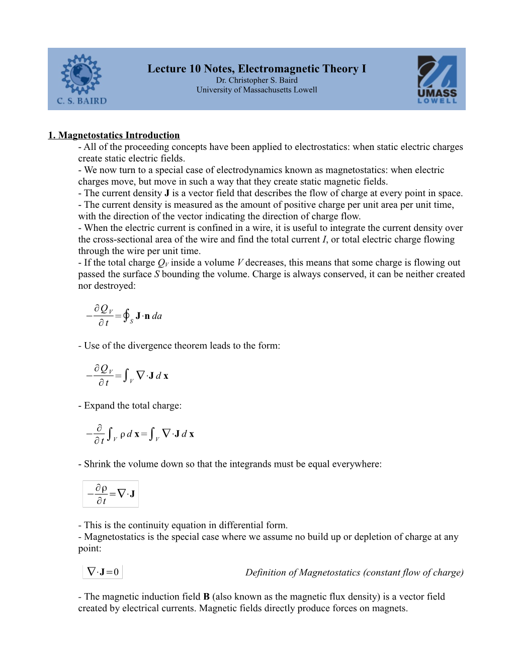 Lecture 10 Notes, Electromagnetic Theory I Dr