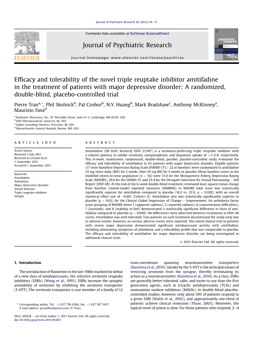 Efficacy and Tolerability of the Novel Triple Reuptake Inhibitor Amitifadine