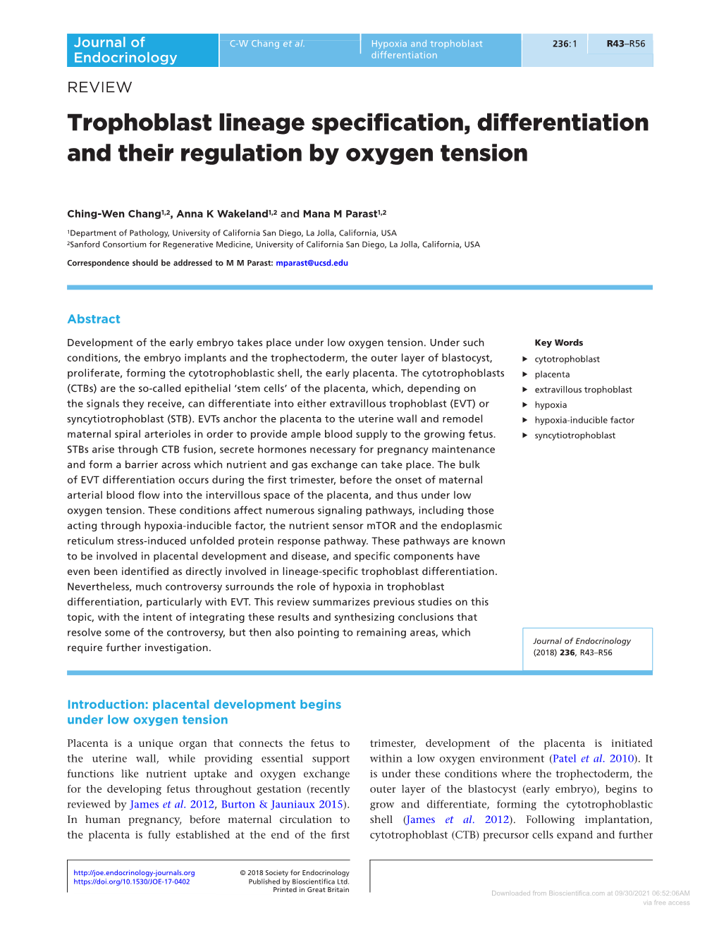 Trophoblast Lineage Specification, Differentiation and Their Regulation by Oxygen Tension