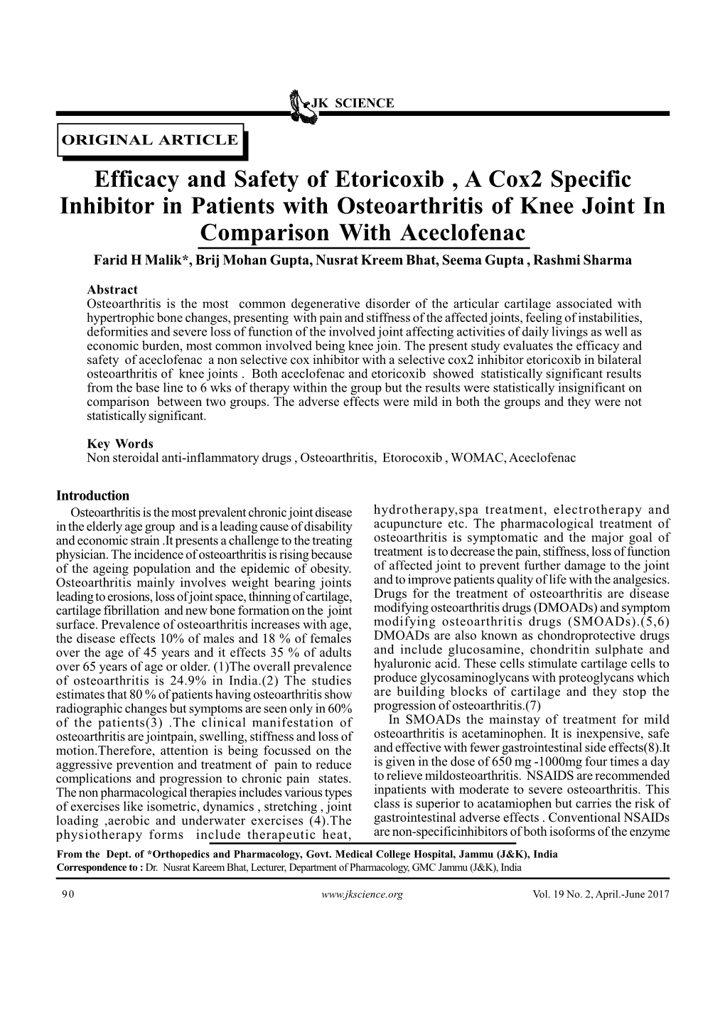 Efficacy and Safety of Etoricoxib , a Cox2 Specific Inhibitor in Patients