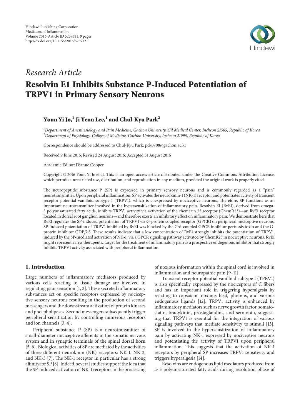 Research Article Resolvin E1 Inhibits Substance P-Induced Potentiation of TRPV1 in Primary Sensory Neurons