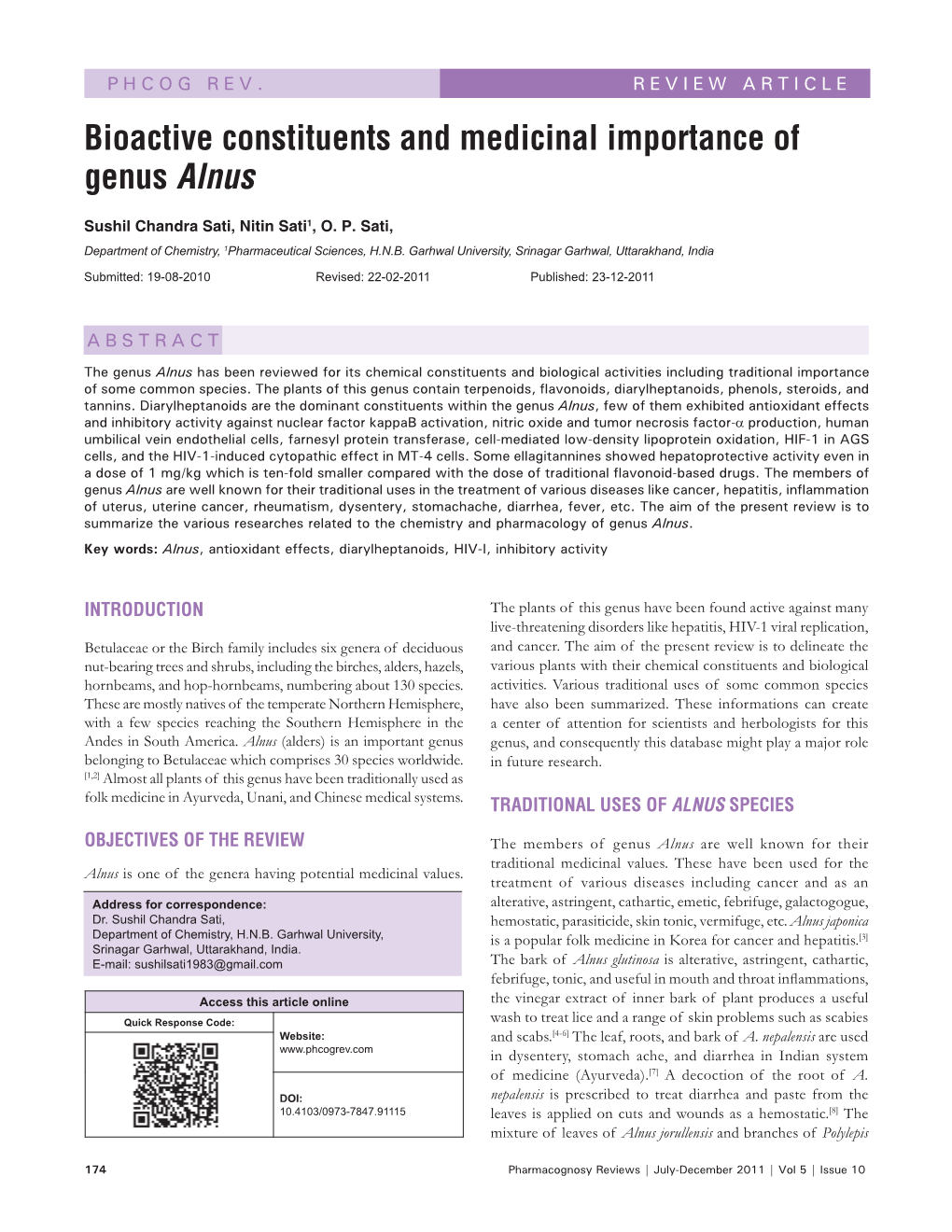 Bioactive Constituents and Medicinal Importance of Genus Alnus