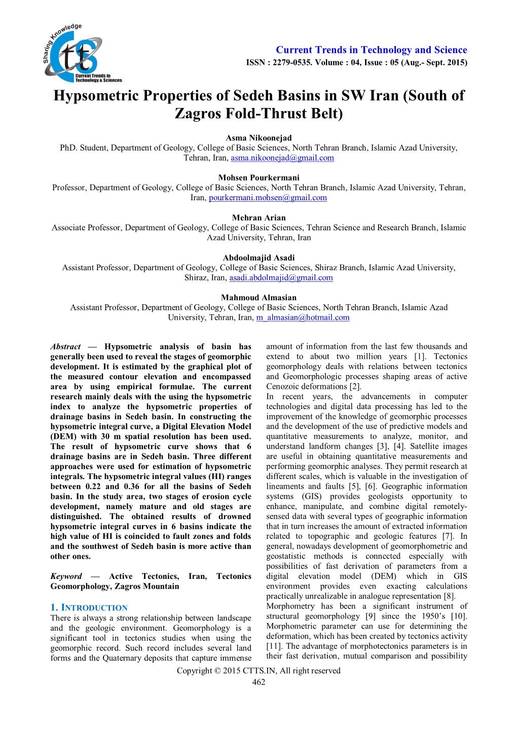 Hypsometric Properties of Sedeh Basins in SW Iran (South of Zagros Fold-Thrust Belt)