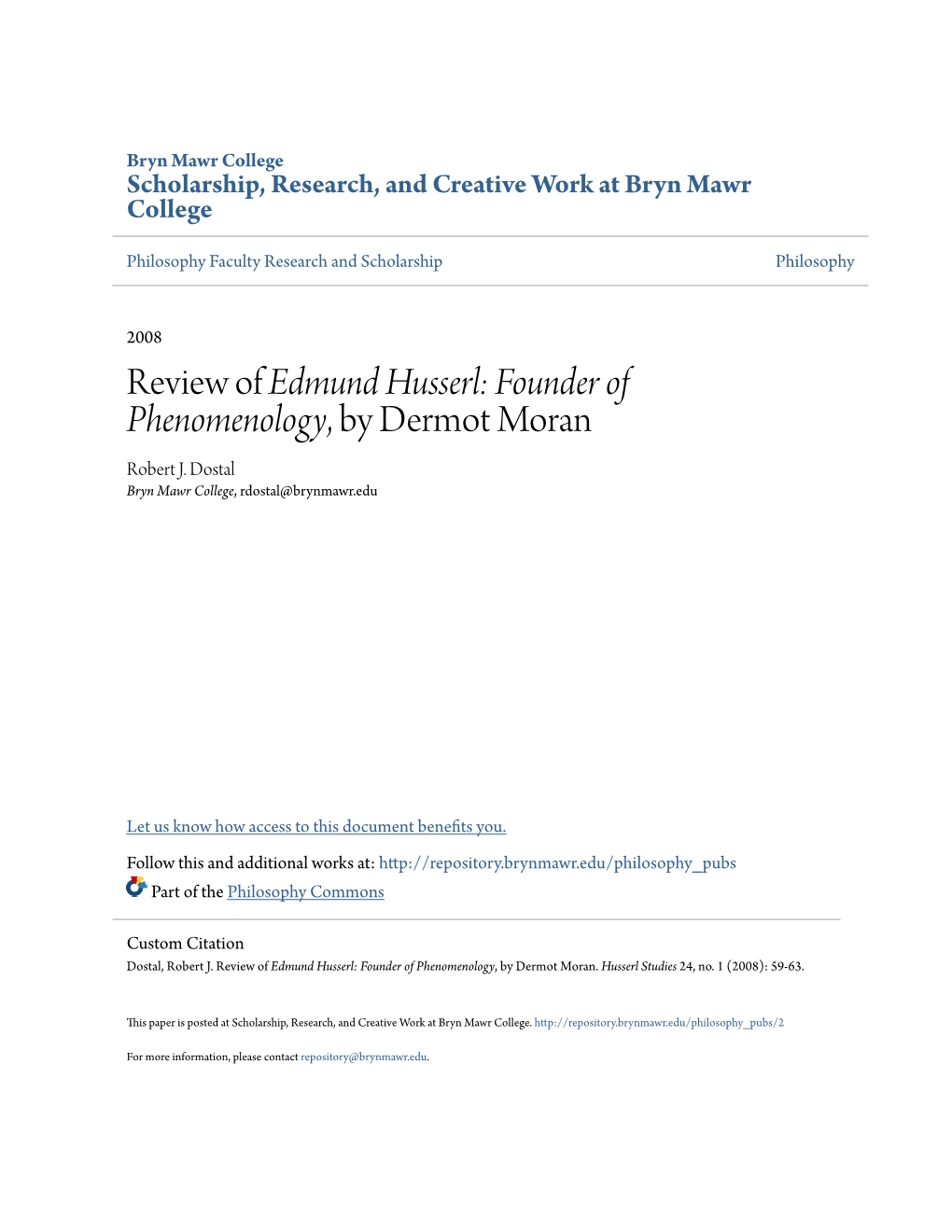 Review of Edmund Husserl: Founder of Phenomenology, by Dermot Moran Robert J