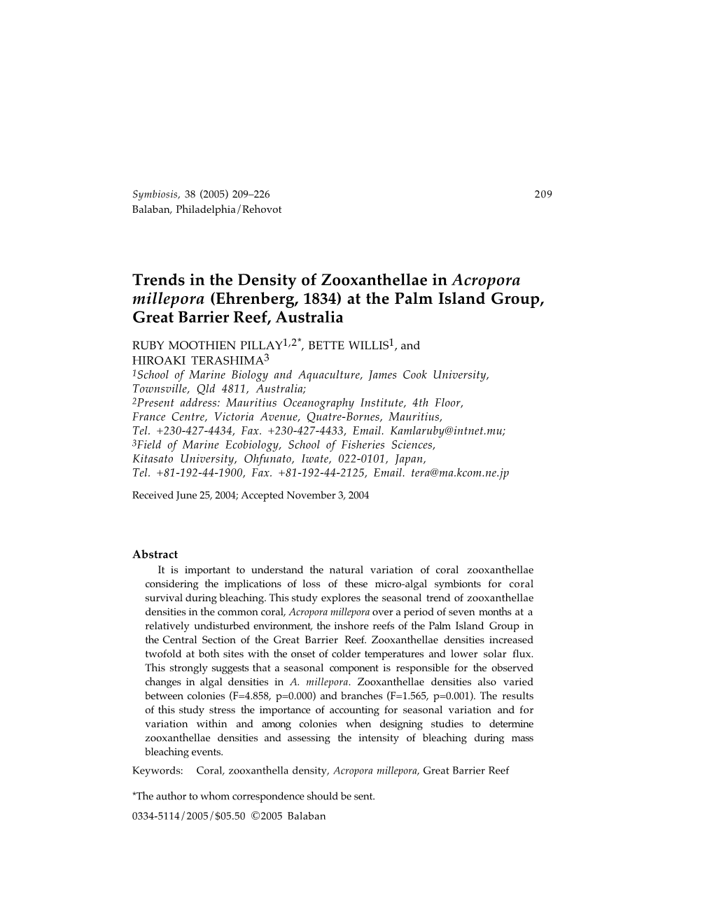 Trends in the Density of Zooxanthellae in Acropora Millepora (Ehrenberg, 1834) at the Palm Island Group, Great Barrier Reef, Australia